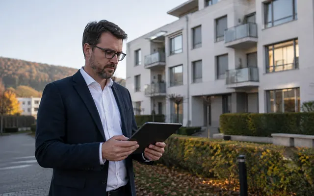 Liegenschaftsverwaltung prüft Objektportfolio mit Tablet vor Mehrfamilienhaus